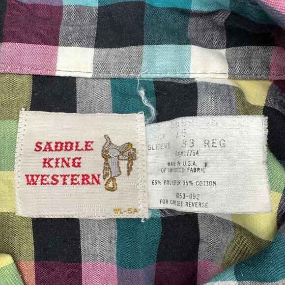 Vintage Saddle King Western Pearl Snap Plaid Shirt Cotton USA Made Teal Pink M/L - Picture 4 of 7